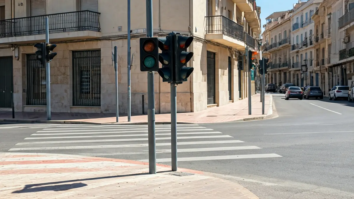 Imagen de un semáforo nuevo en una intersección de Elche, con rampas peatonales y aceras anchas.