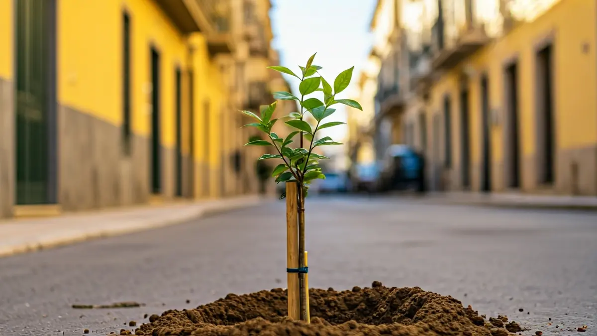 Imagen genérica de un árbol joven plantado en una calle urbana, con edificios mediterráneos al fondo.