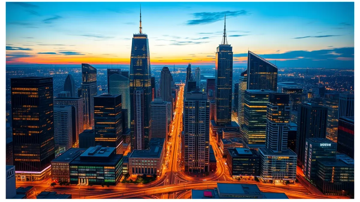 Generic image of a modern city skyline at dusk with illuminated buildings, symbolizing innovation and urban development.