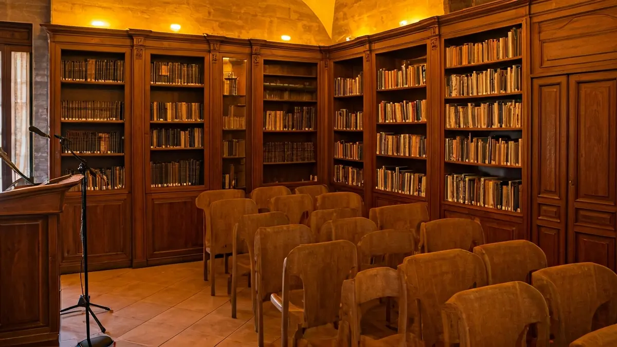 Imagen genérica de un interior de biblioteca con un micrófono en un podio, simbolizando una presentación o entrevista.