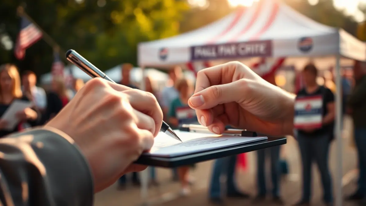 Imagen de una mano firmando un documento en una carpa informativa, con gente borrosa al fondo.