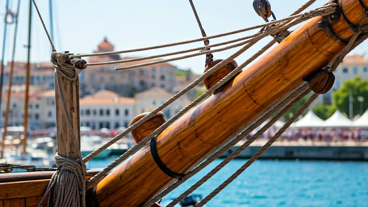 Image of a historic ship at a maritime festival, with people in the background.