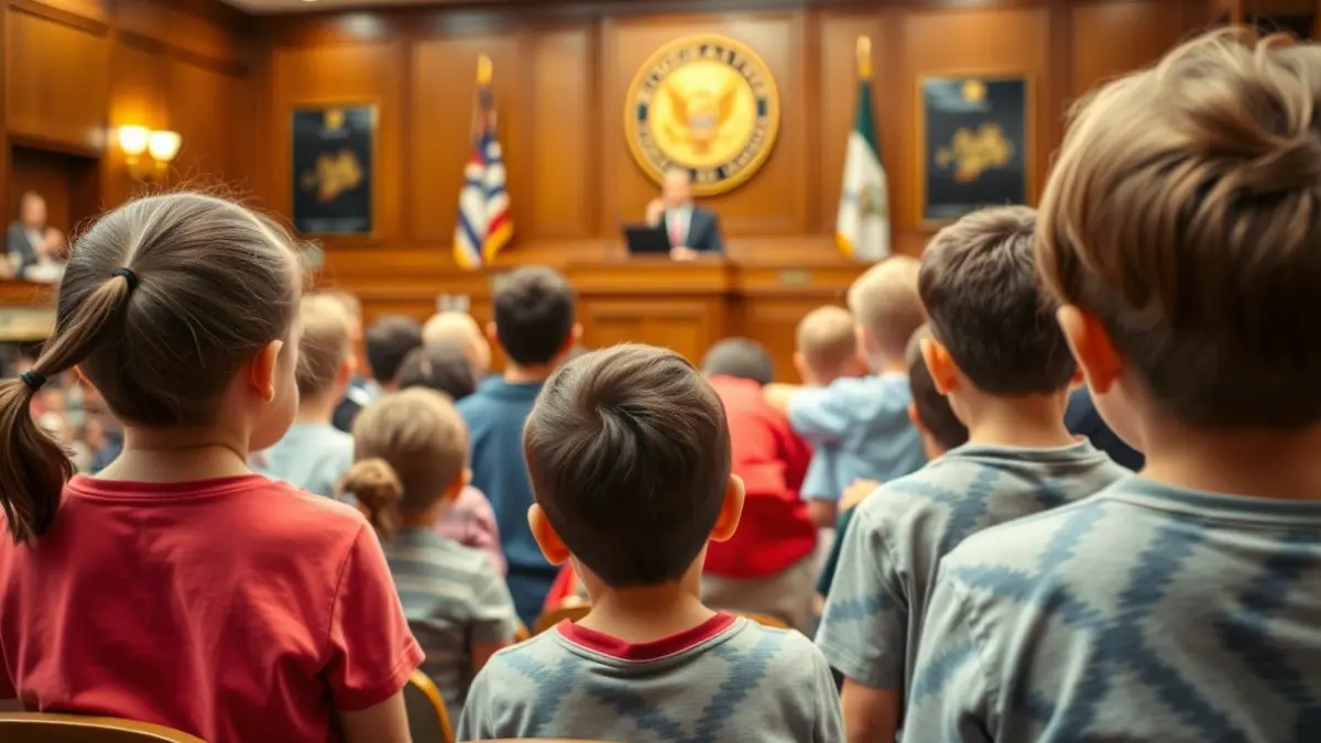 Imagen de escolares en el salón de plenos de un ayuntamiento, aprendiendo sobre la administración local.