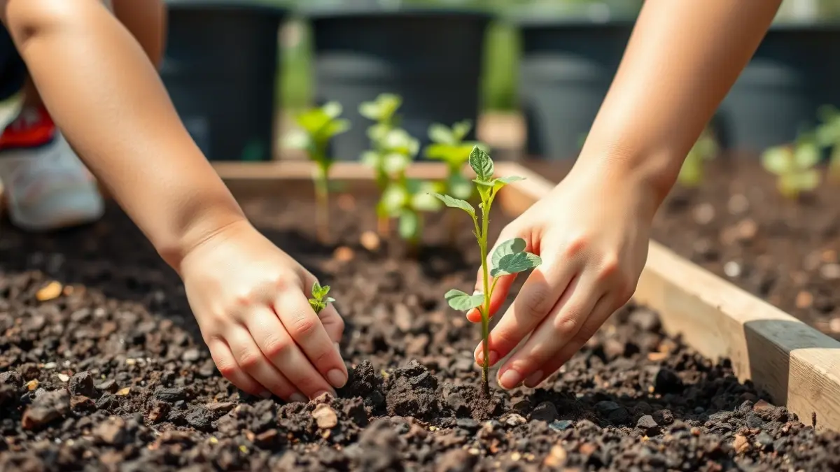 Imagen de escolares plantando en un huerto escolar, con compostadores al fondo.