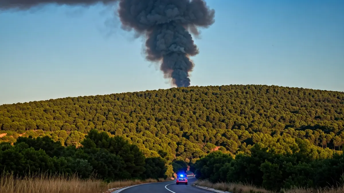 Imagen de una columna de humo gris sobre una ladera de bosque de pinos verde en un paisaje mediterráneo, con luces de emergencia borrosas en primer plano.