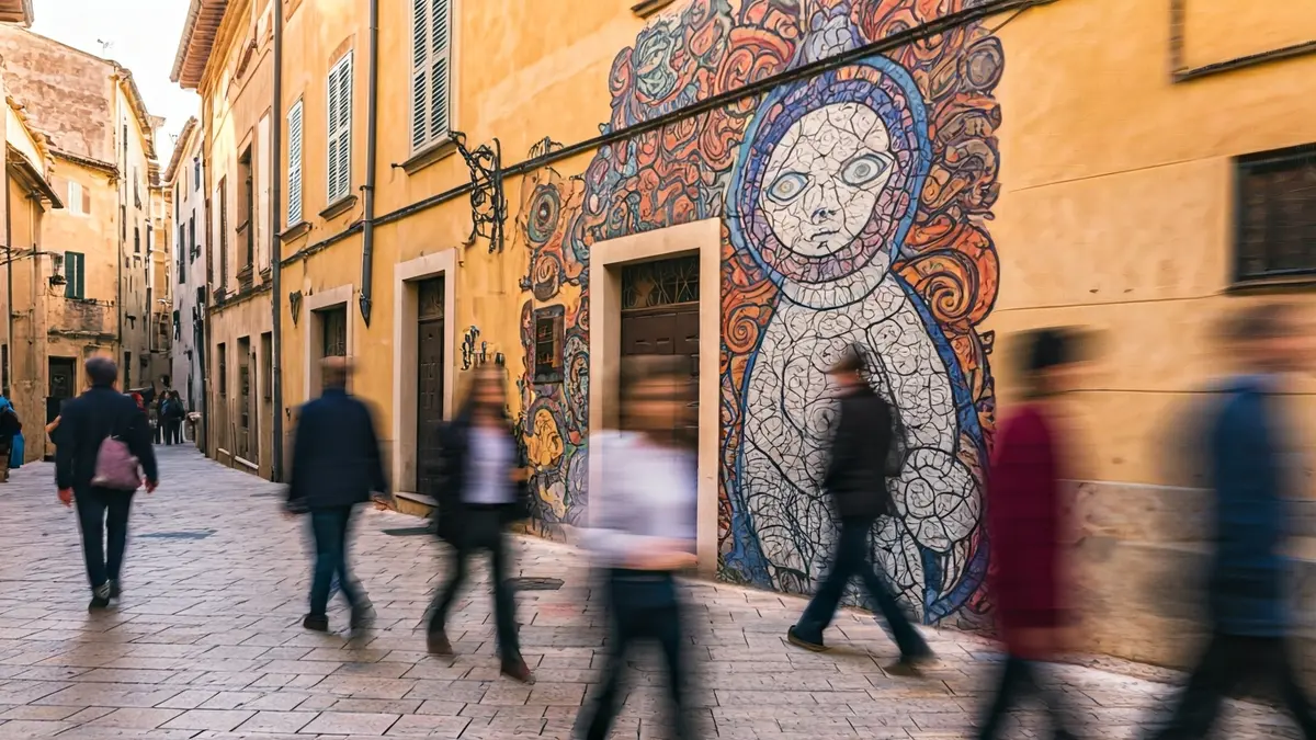 Image of a street art mural on a facade in Fanzara, with people observing it.