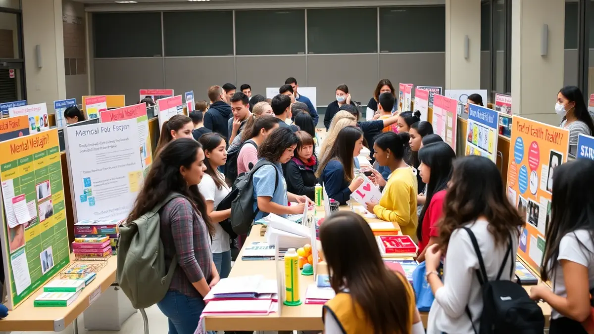 Imatge genèrica d'una fira de salut mental amb estudiants participant en activitats.