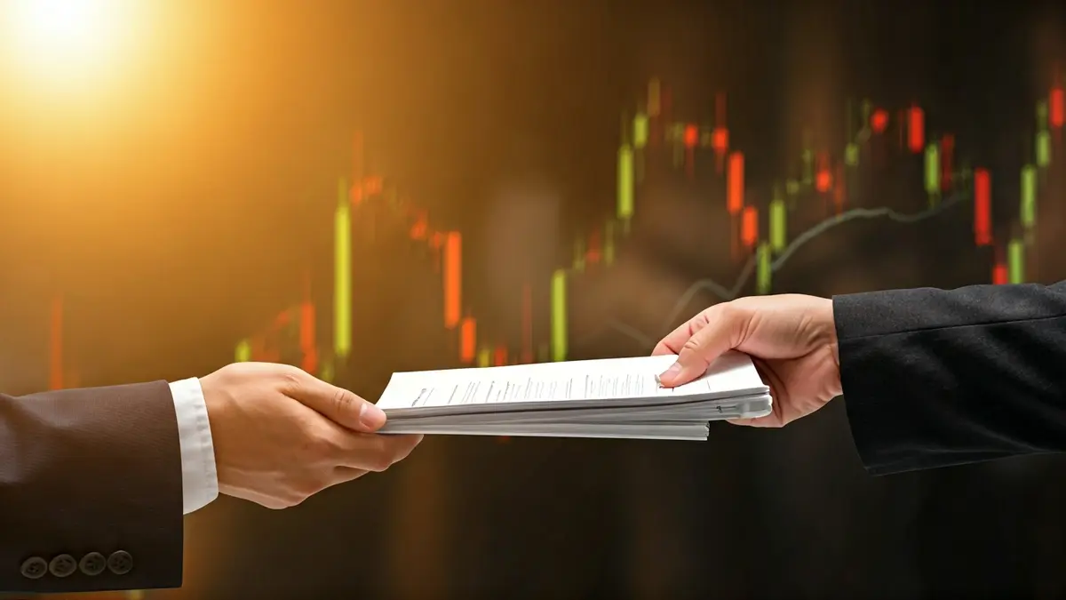 Generic image of hands exchanging a document, with blurred financial charts in the background, symbolizing intellectual property and funding.
