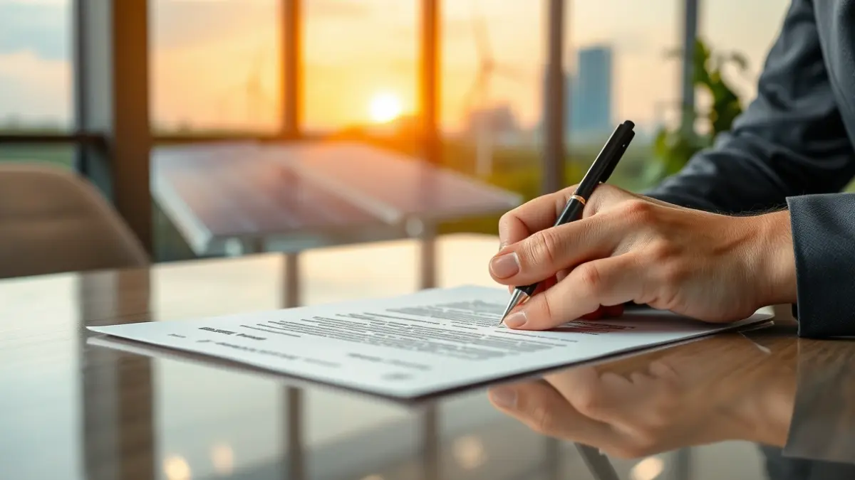 Imatge d'una mà firmant un document en un escritori d'oficina, amb infraestructures d'energia renovable de fons.
