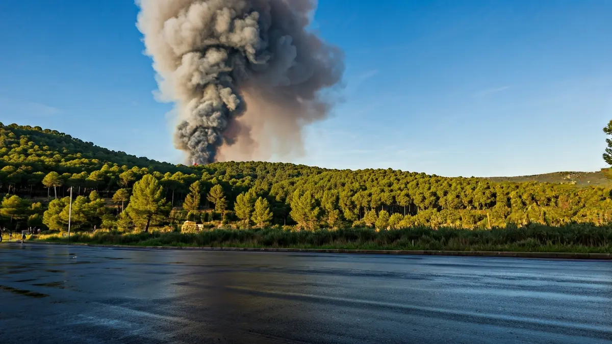 Generic image of a smoke column over a forest with blurred emergency lights.
