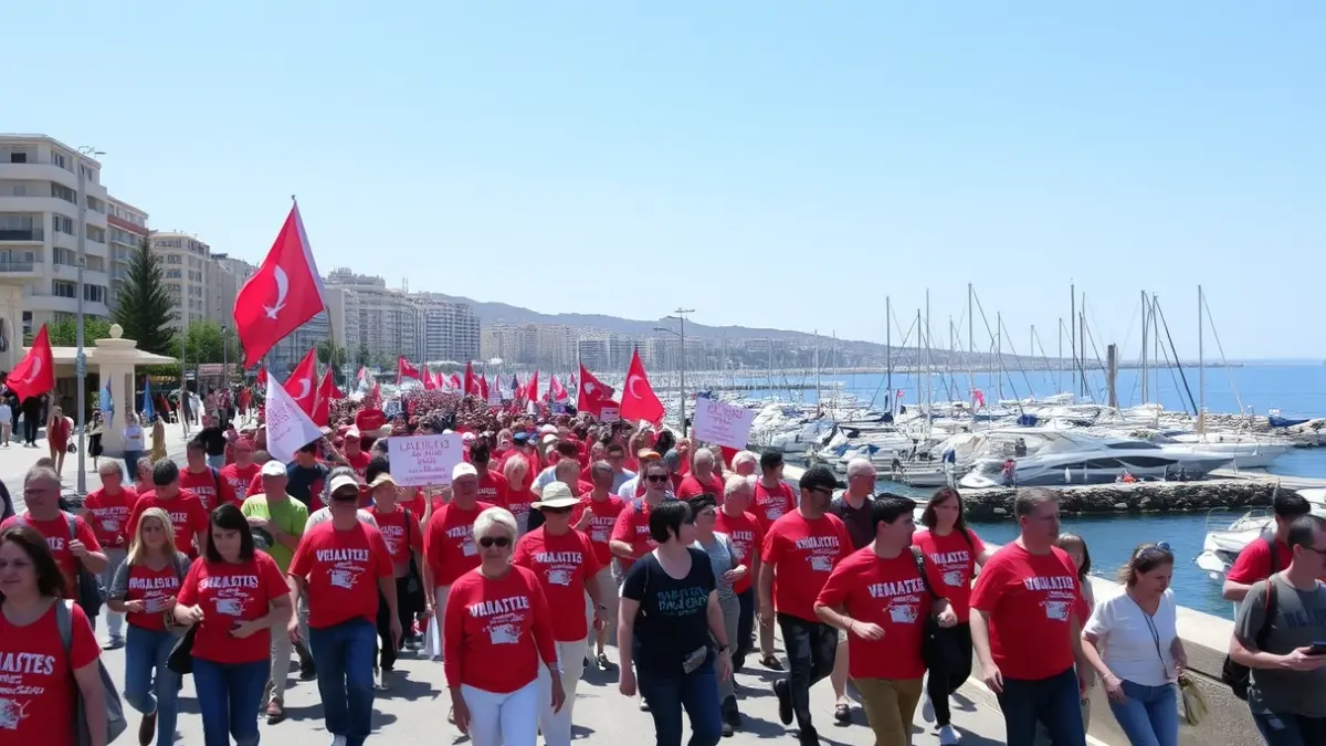 Image of a solidarity march with participants in red shirts on a coastal promenade in Dénia.