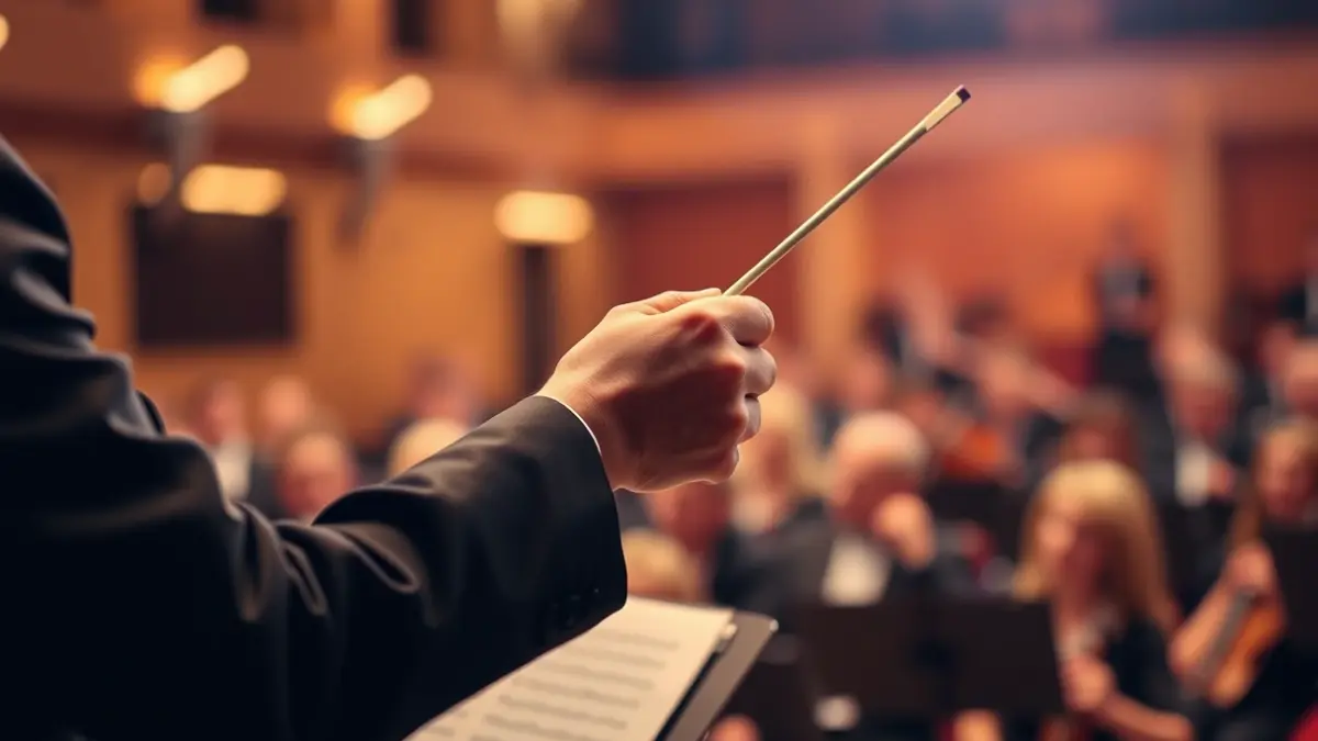 Imagen genérica de un director de orquesta con la batuta en un concierto de música clásica.
