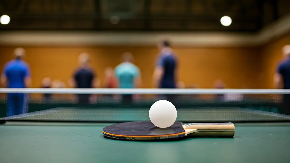 Imatge genèrica d'una pala i una pilota de tennis de taula sobre una taula verda.
