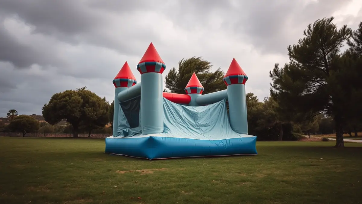 Castillo hinchable desinflado en un campo de hierba, con efectos de viento en los árboles cercanos, bajo un cielo nublado, en un entorno mediterráneo.