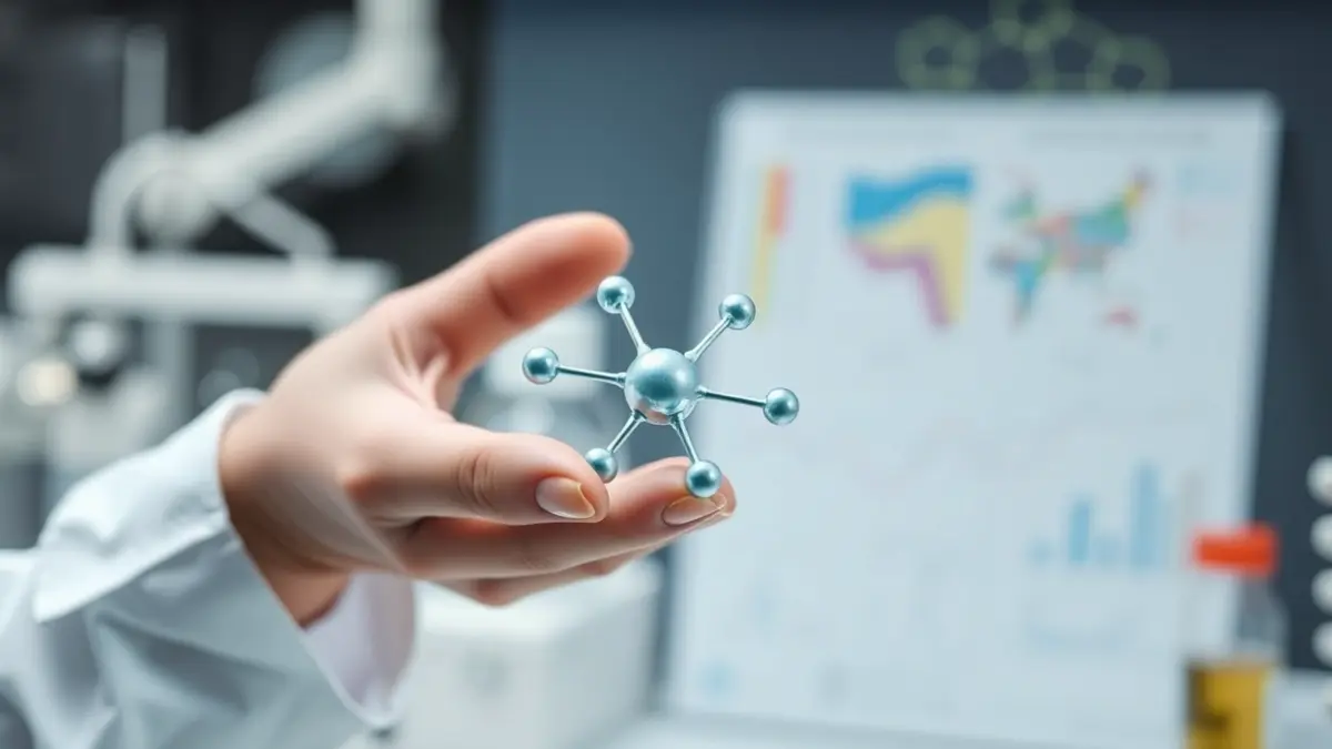 Imatge genèrica d'unes mans de professional mèdic sostenint un model molecular, amb equipament de laboratori desenfocat al fons.