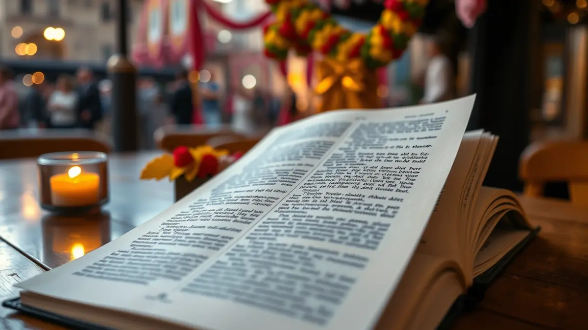 Imatge d'un llibret de falla obert, amb text, sobre una taula de fusta i decoració fallera desenfocada al fons.