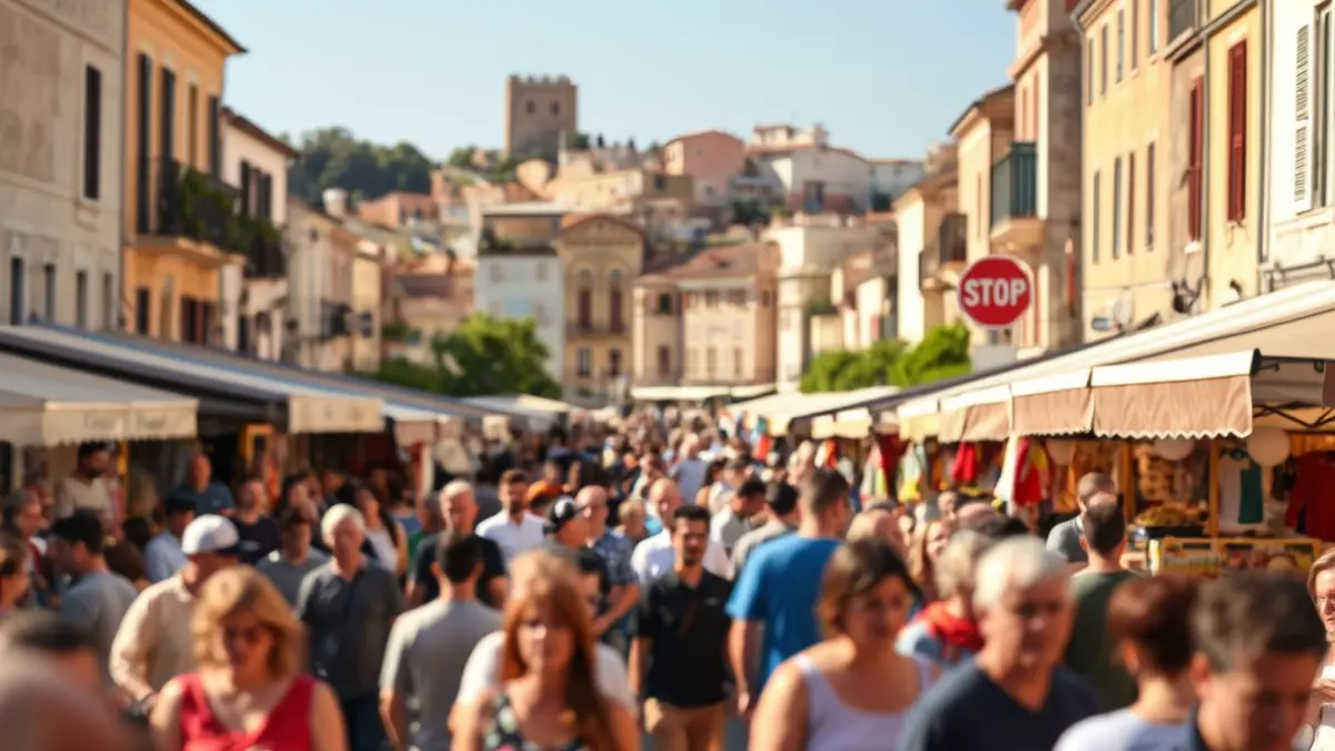 Imagen genérica de una feria al aire libre en un pueblo mediterráneo, con gente y puestos.