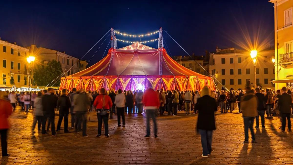 Imatge d'un festival de circ en una plaça mediterrània al capvespre.