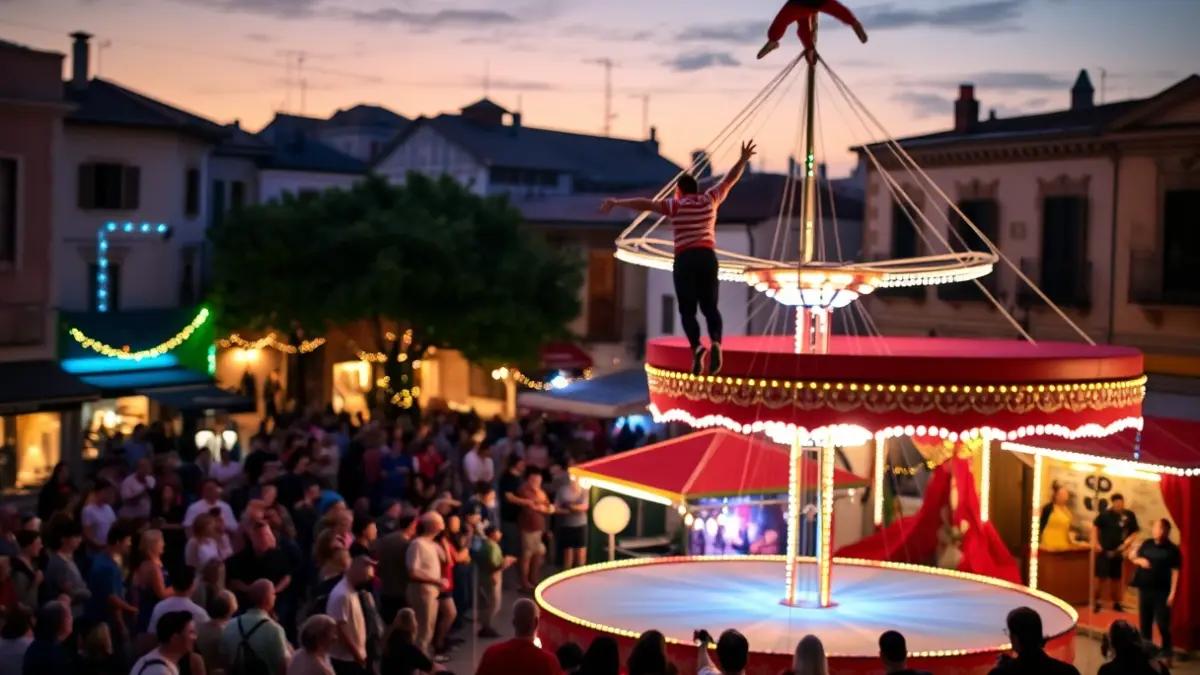 Imagen de un espectáculo de circo callejero con acróbatas y público, en un ambiente festivo.