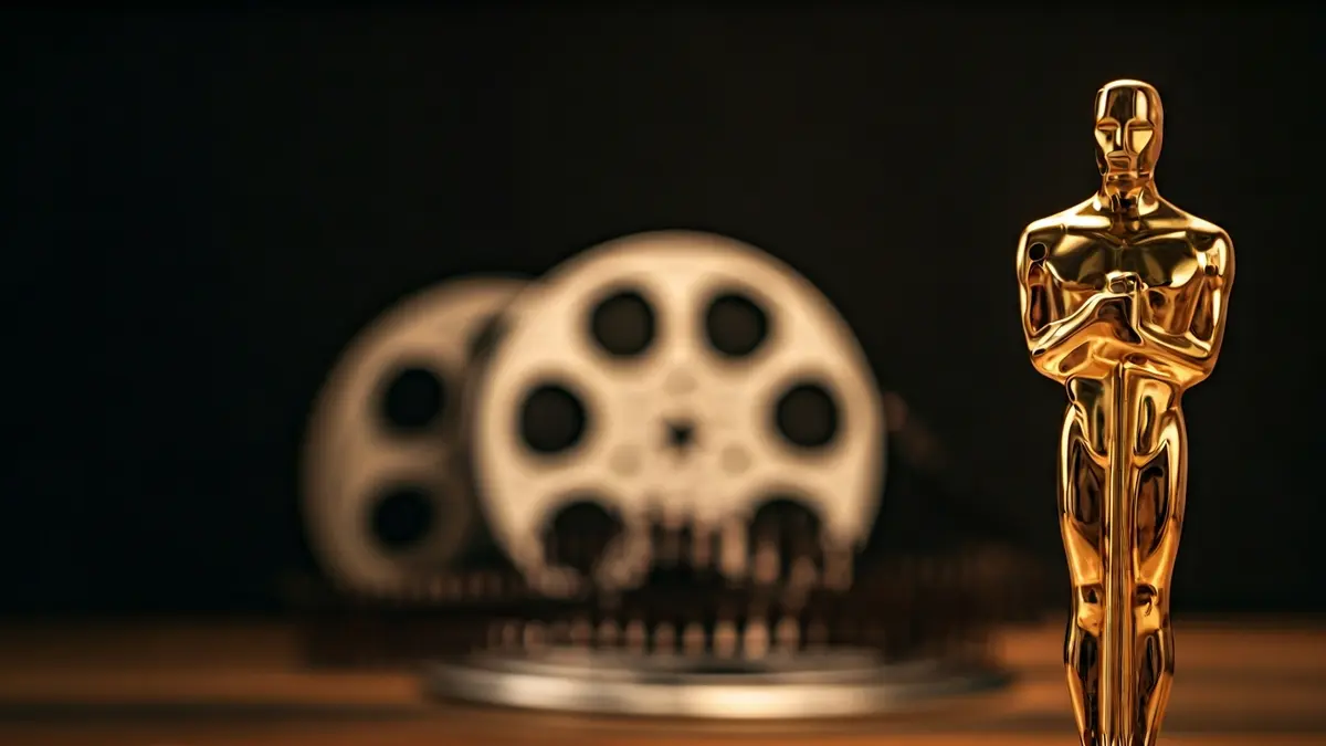 Imagen genérica de un premio de cine, con una estatuilla dorada y una bobina de película desenfocada al fondo.