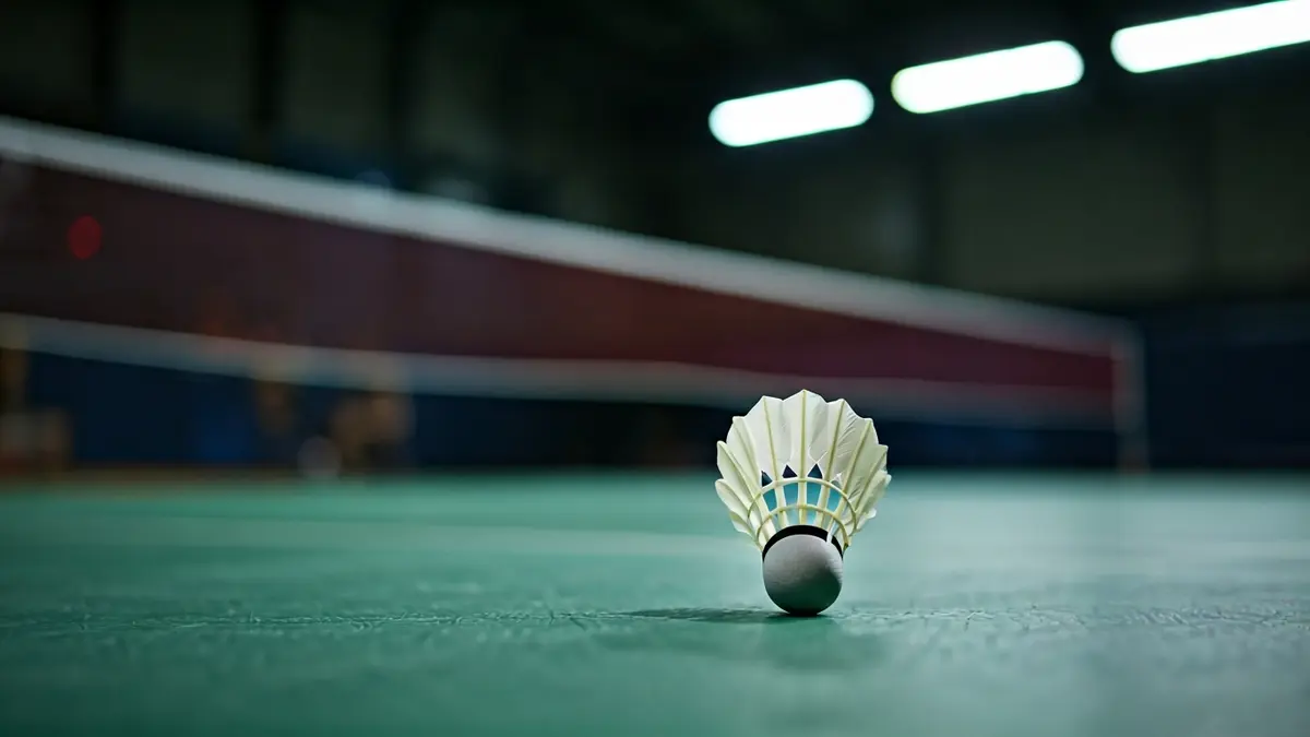 Imagen genérica de un volante de bádminton en una pista, con una raqueta desenfocada al fondo.