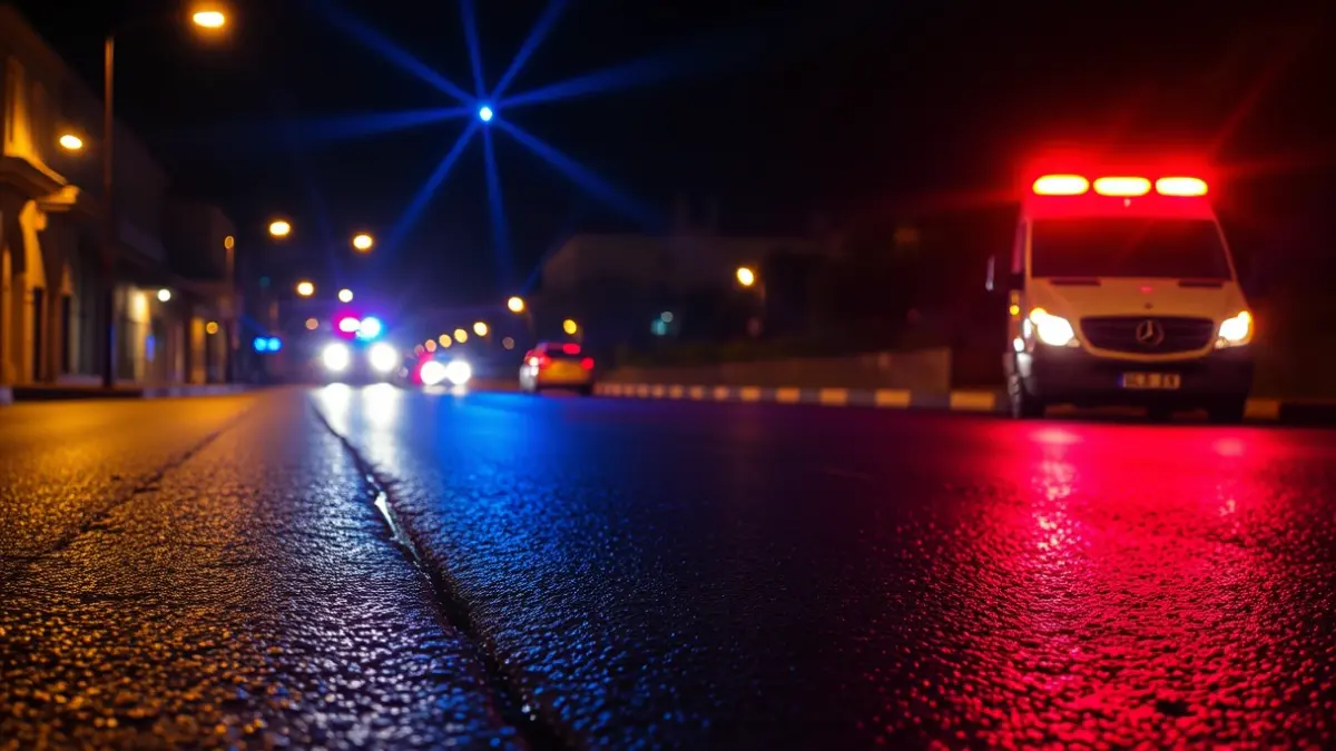 Generic image of emergency lights reflecting on wet asphalt at night.