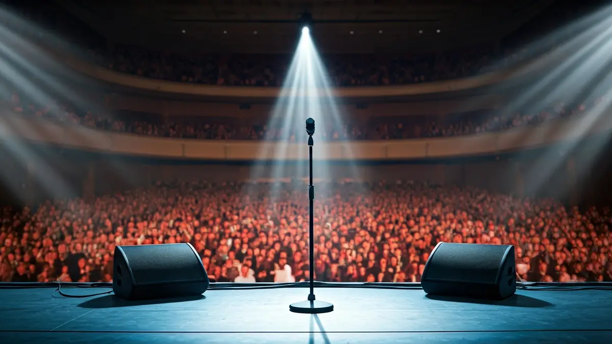 Imagen genérica de un escenario de concierto con iluminación dinámica y un micrófono vacío.