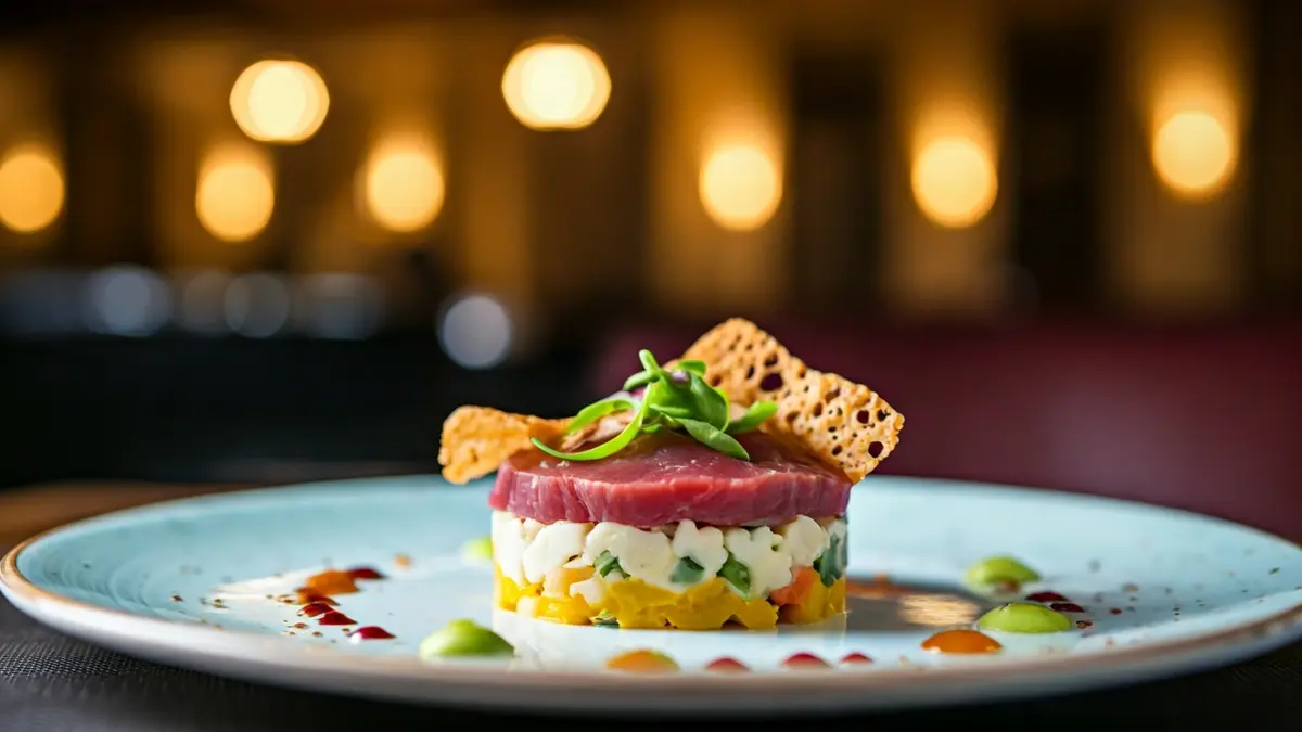 Generic image of a gourmet dish with artistic presentation in a cultural setting.