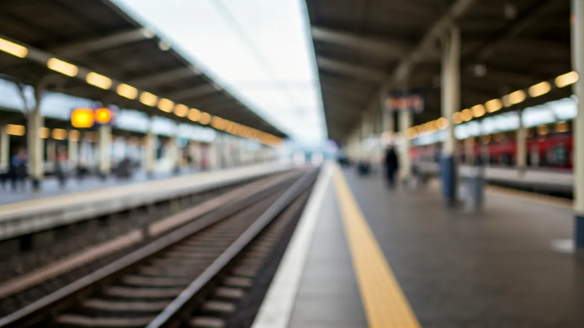 Imatge genèrica d'una estació de metro moderna amb vies de tren borroses al fons.