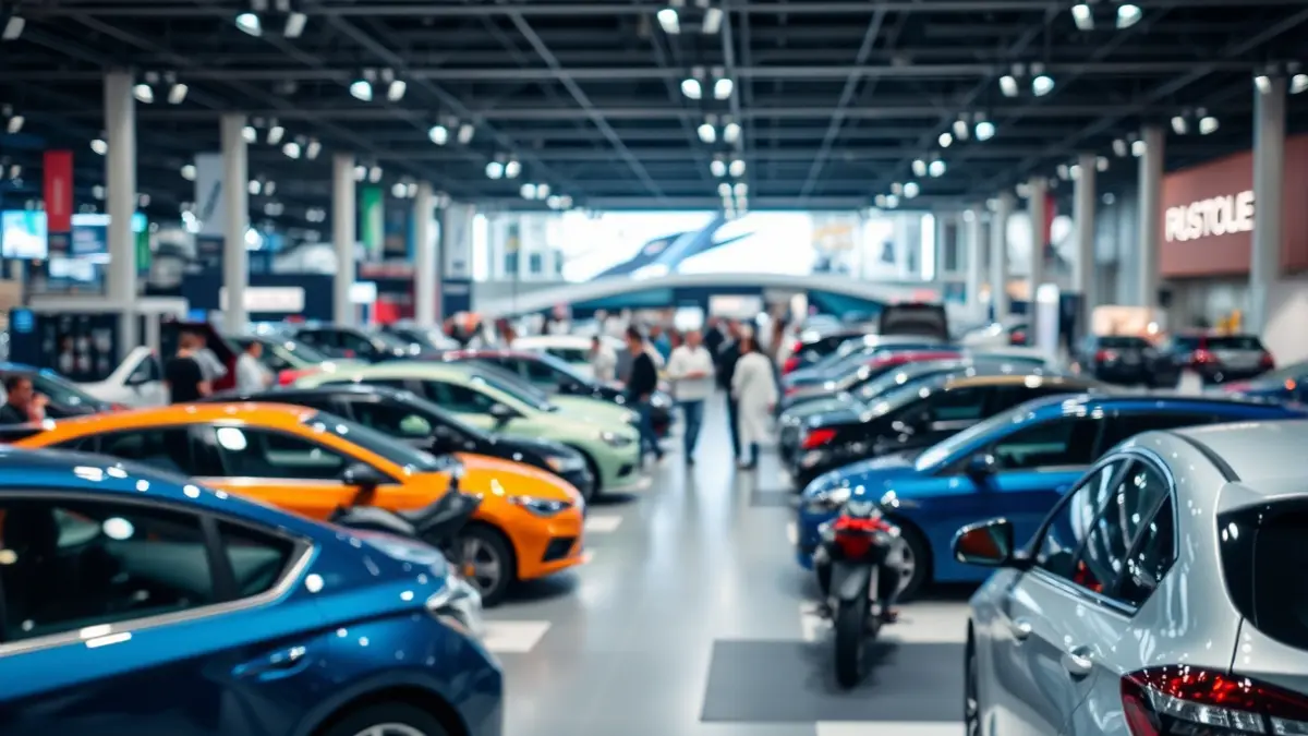 Generic image of an automotive fair with cars and motorcycles on display and visitors.