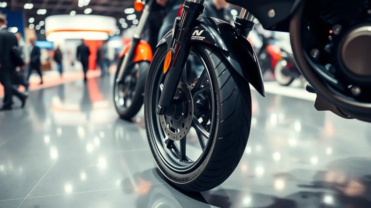 Imagen genérica de ruedas de coche y moto en una feria, con un fondo desenfocado de actividad.