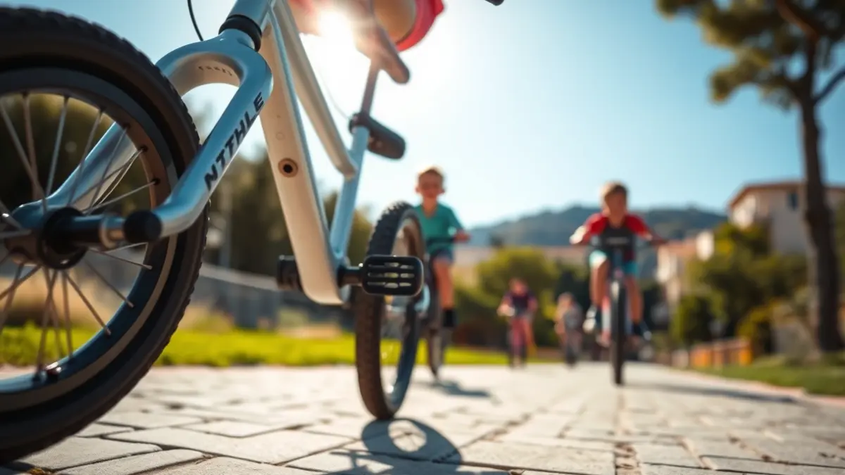 Imagen genérica de la rueda de una bicicleta infantil en una pista, con otros ciclistas jóvenes desenfocados al fondo.