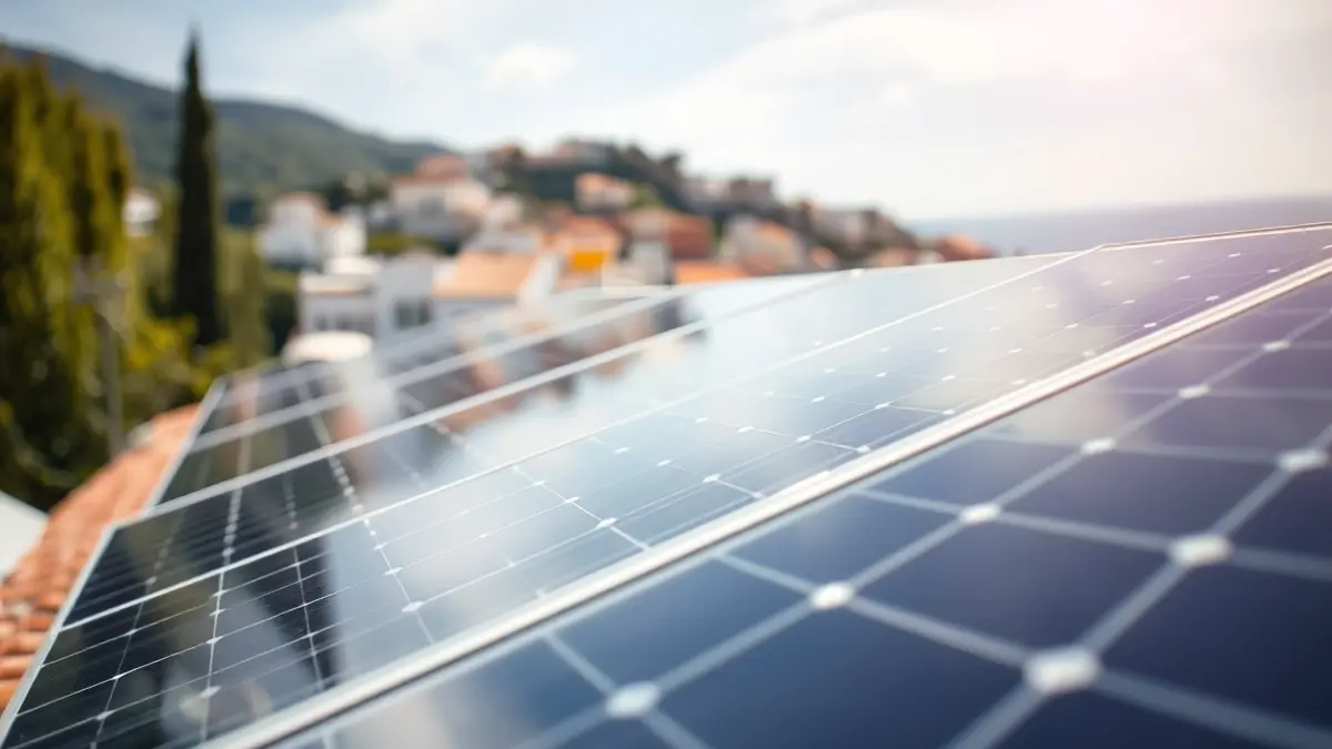 Imagen genérica de paneles solares en un tejado, con un pueblo mediterráneo al fondo.