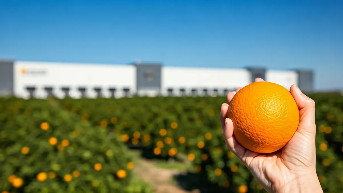 Image of a hand holding an orange with citrus groves and a distribution center in the background.