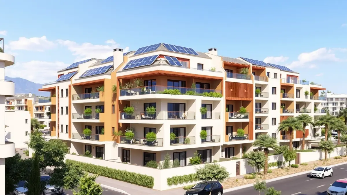 Image of a modern residential building with solar panels and green elements in an urban setting.