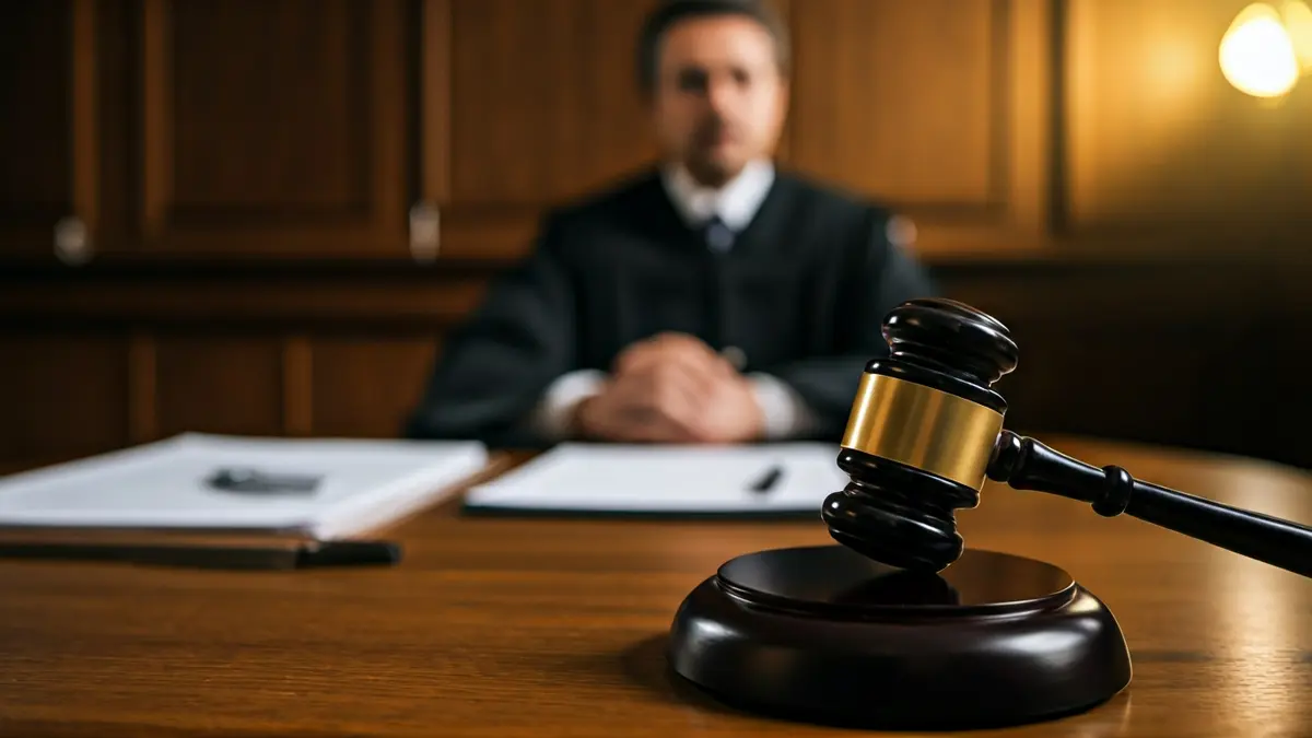 Imagen genérica de un mazo de juez sobre una mesa de madera en un tribunal.