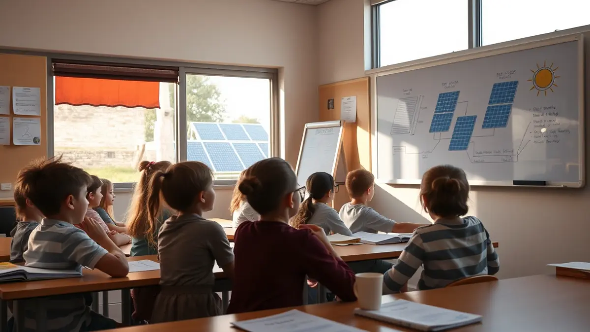 Imatge d'una aula amb nens aprenent sobre energia i sostenibilitat.