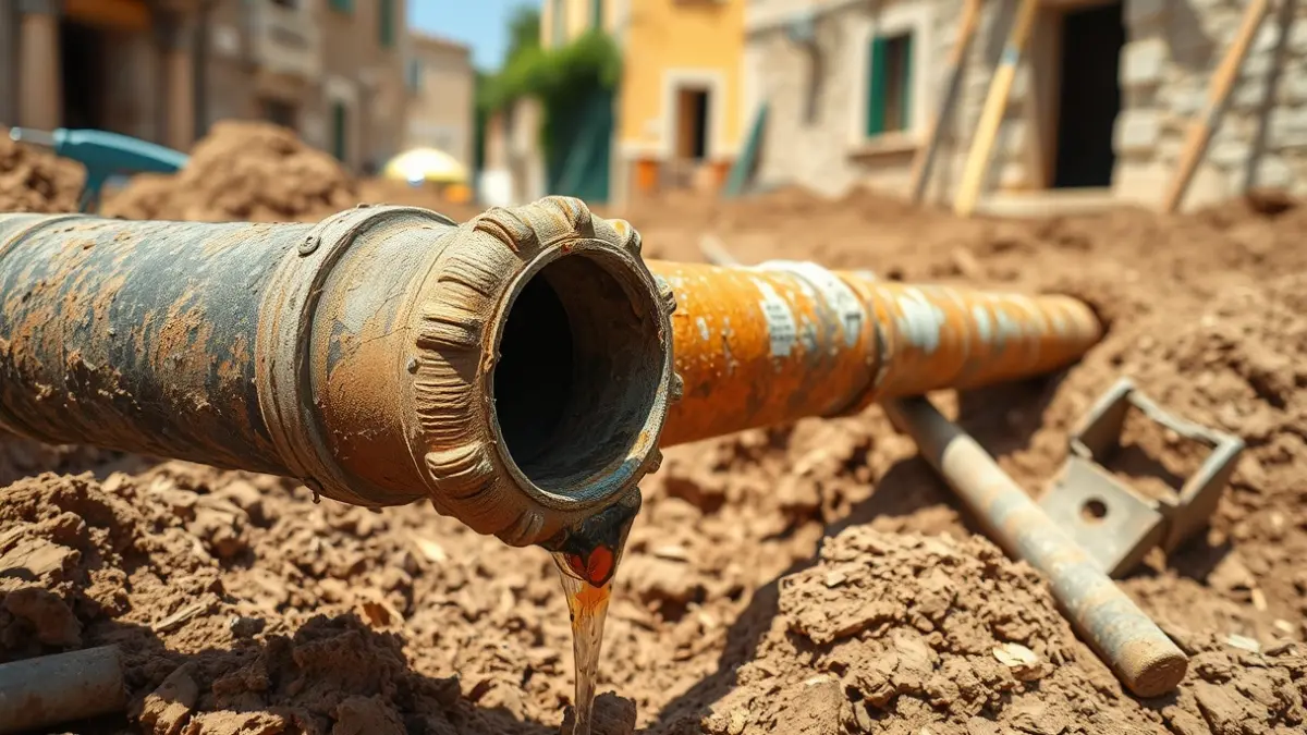Imatge d'una canonada d'aigua antiga i corroïda amb fugues, envoltada de terra remoguda per obres.
