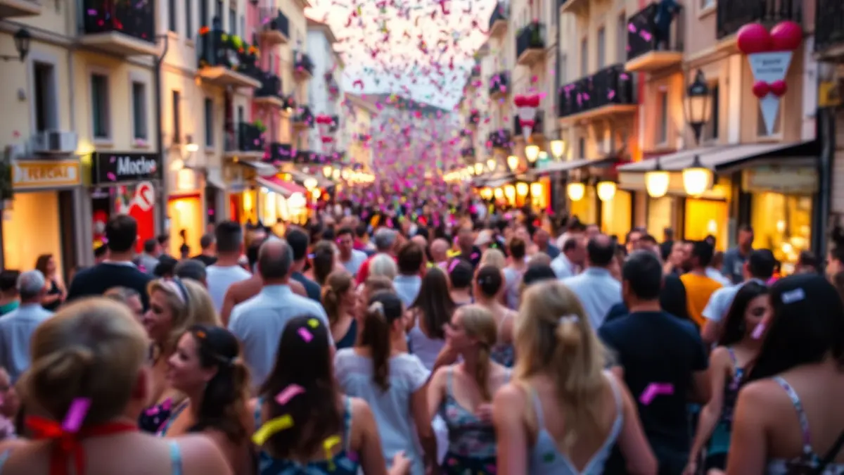 Imagen genérica de un festival de carnaval con gente bailando y confeti en el aire.