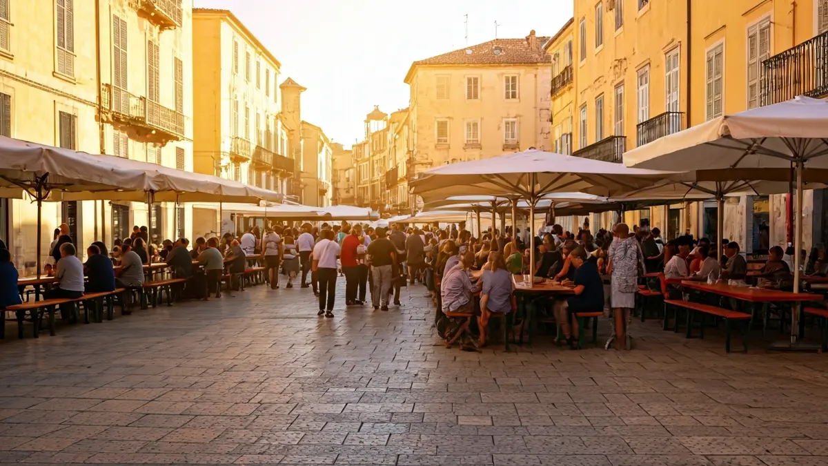Image of a bustling market on a sunny day, with a festive and supportive atmosphere.