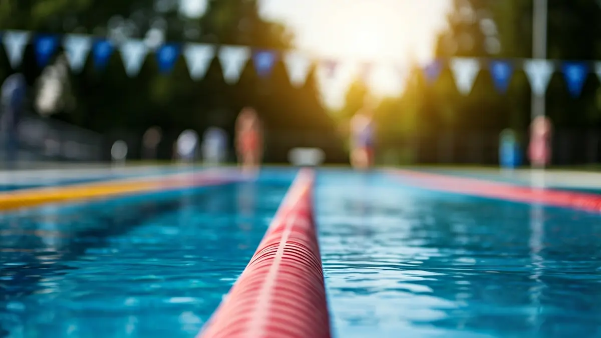 Generic image of a swimming lane rope and a blurred running track, symbolizing aquathlon.