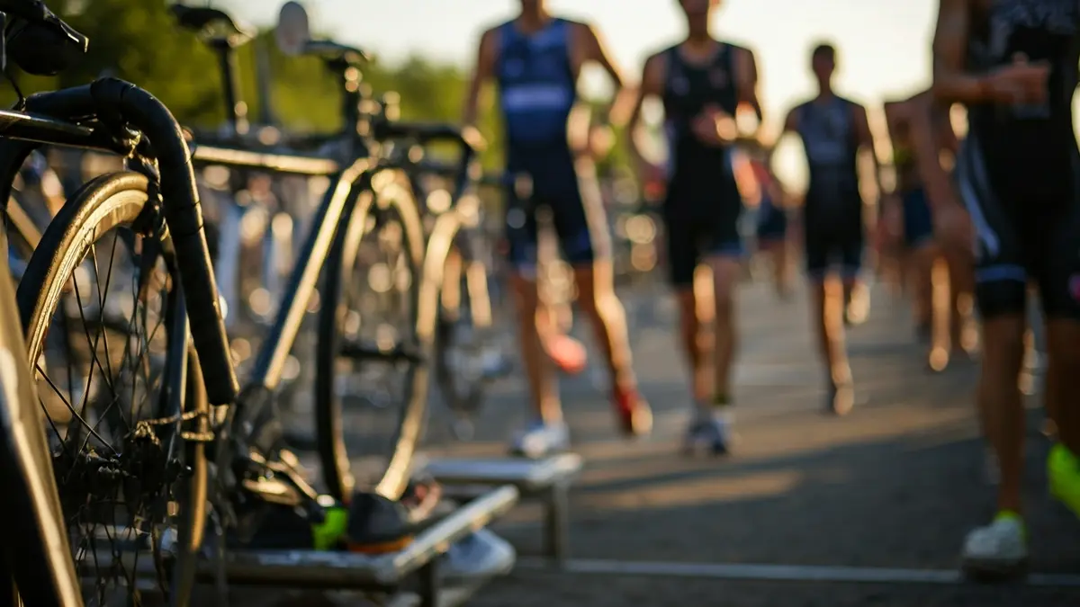 Generic image of a triathlon transition area with bicycles and sports equipment.