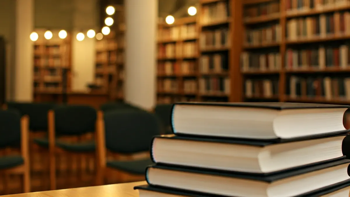 Imatge genèrica d'una sala de presentació de llibres amb prestatgeries i un faristol.