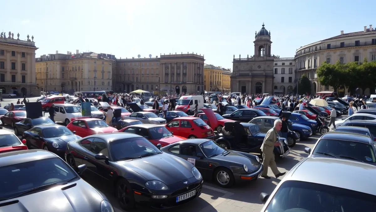 Imagen de una feria del motor al aire libre en un centro urbano mediterráneo, con vehículos expuestos y gente paseando.