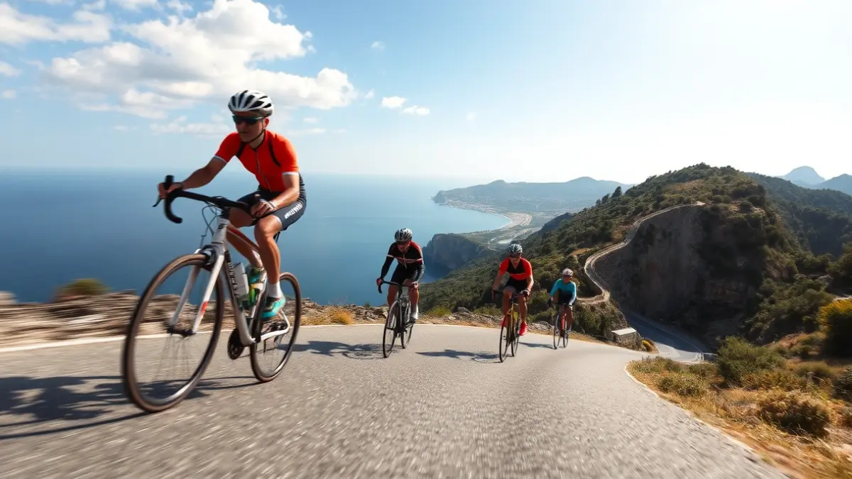 Imagen de un grupo de ciclistas en una carretera de montaña con vistas a la costa valenciana.