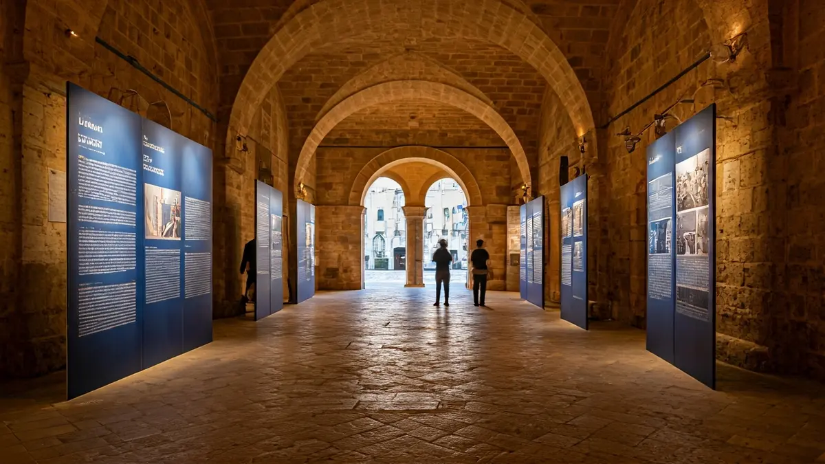 Imagen de una sala de exposiciones con paneles informativos y arcos, con personas observando las muestras.