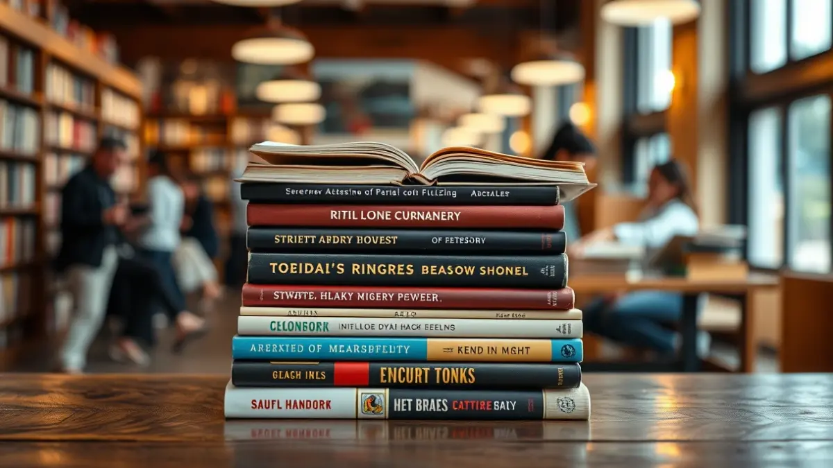 Imatge genèrica d'una pila de llibres en una taula de fusta, amb persones llegint al fons.