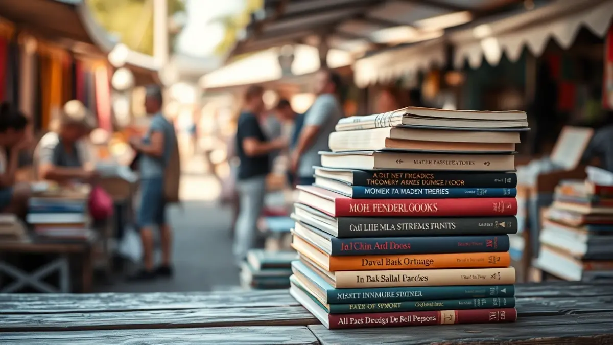 Generic image of a stack of used books at an outdoor fair.
