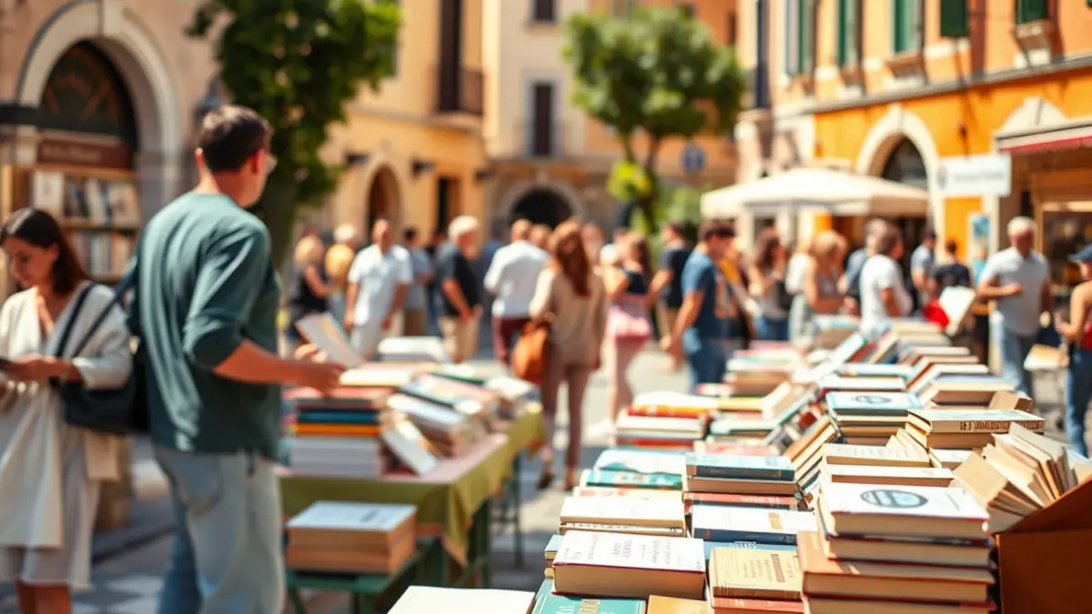 Imagen genérica de una feria del libro usado en una plaza mediterránea, con puestos llenos de libros y gente hojeándolos.