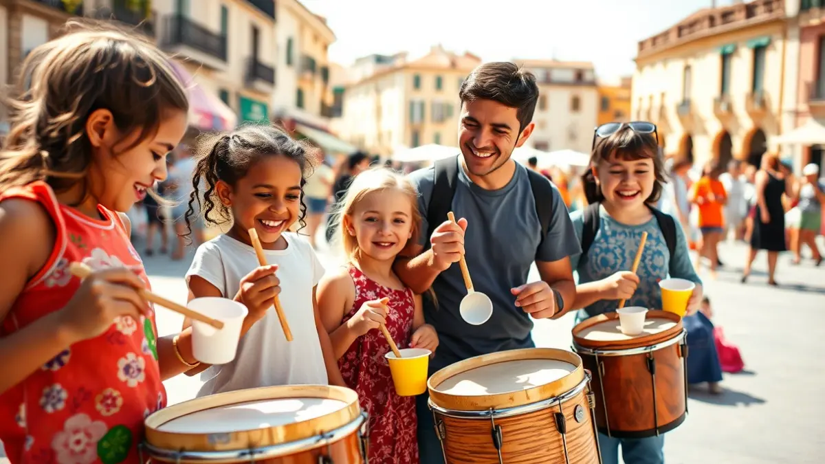 Imagen de un grupo de personas tocando percusión con objetos cotidianos en una plaza pública, con un ambiente festivo.